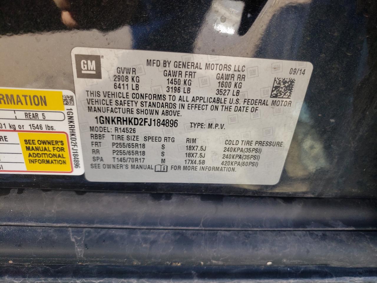 Photo 10 from auction – 2015 CHEVROLET TRAVERSE L with VIN 1GNKRHKD2FJ184896