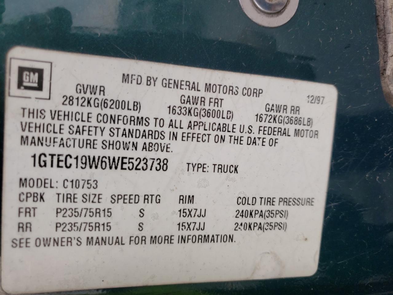 Photo 10 from auction – 1998 GMC SIERRA C15 with VIN 1GTEC19W6WE523738