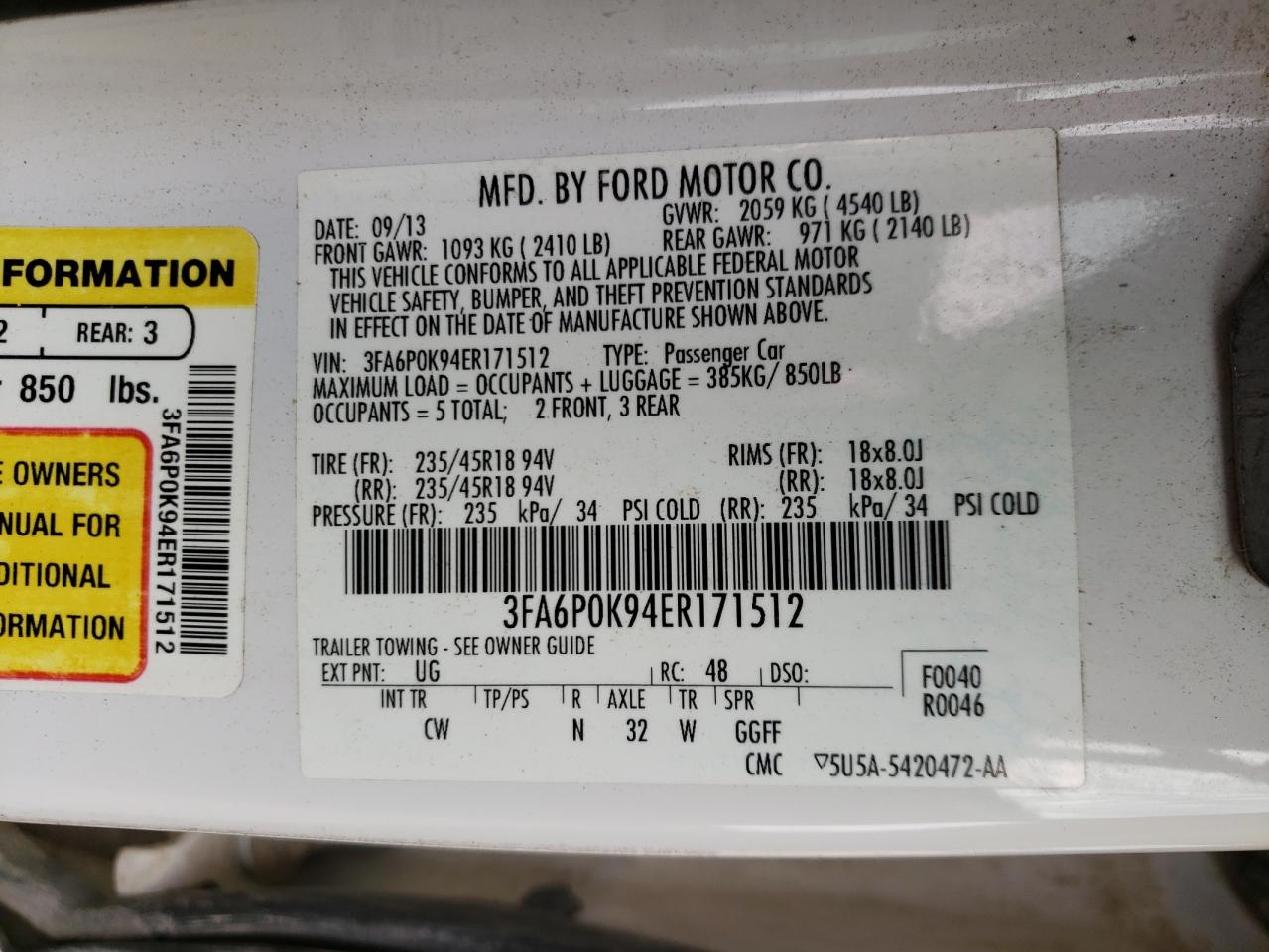 Photo 10 from auction – 2014 FORD FUSION TIT with VIN 3FA6P0K94ER171512