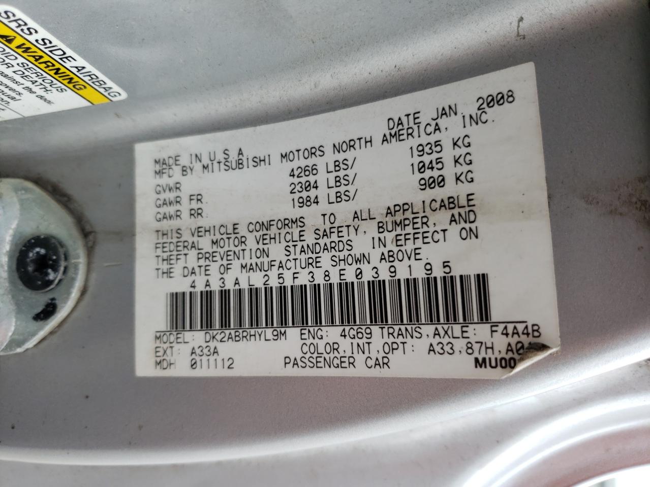 Photo 10 from auction – 2008 MITSUBISHI ECLIPSE SP with VIN 4A3AL25F38E039195
