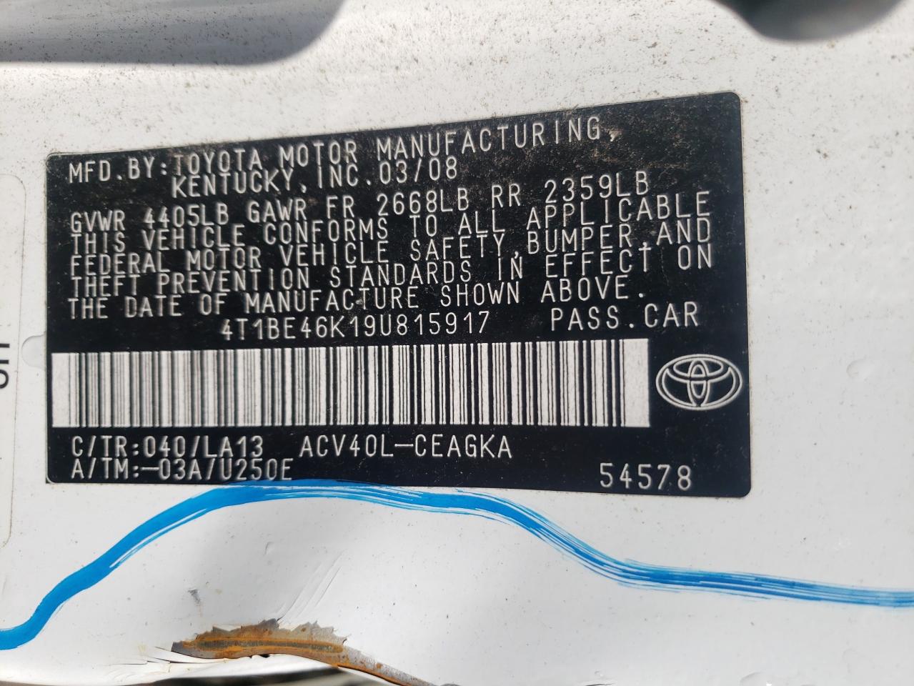Photo 10 from auction – 2009 TOYOTA CAMRY BASE with VIN 4T1BE46K19U815917