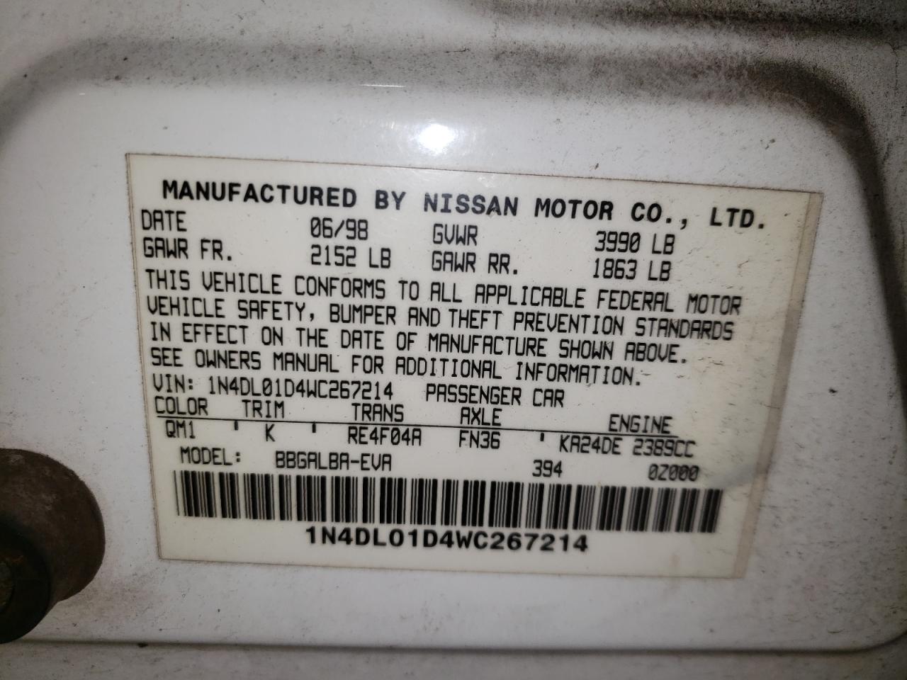 Photo 10 from auction – 1998 NISSAN ALTIMA XE with VIN 1N4DL01D4WC267214