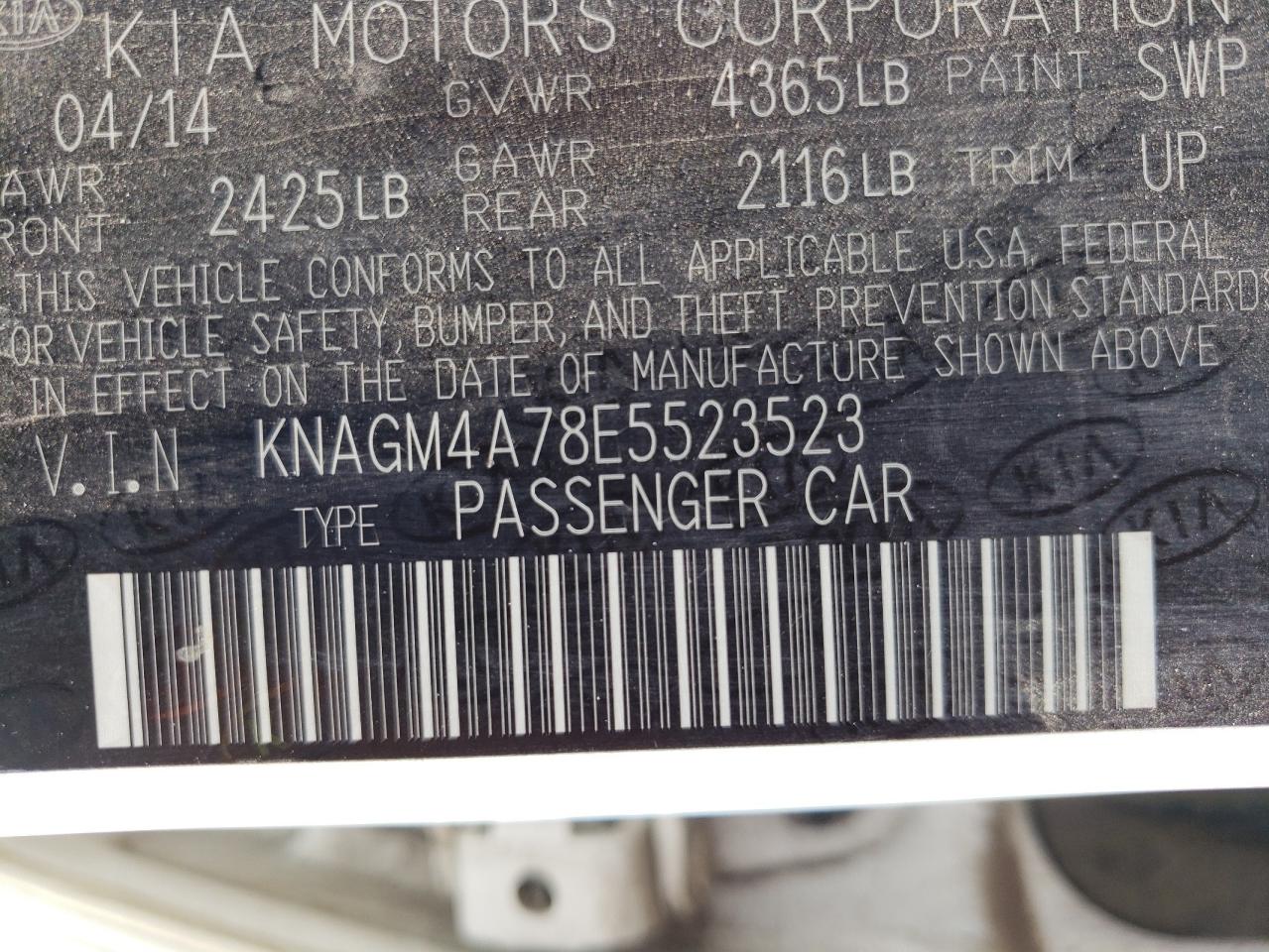 Photo 10 from auction – 2014 KIA OPTIMA with VIN KNAGM4A78E5523523