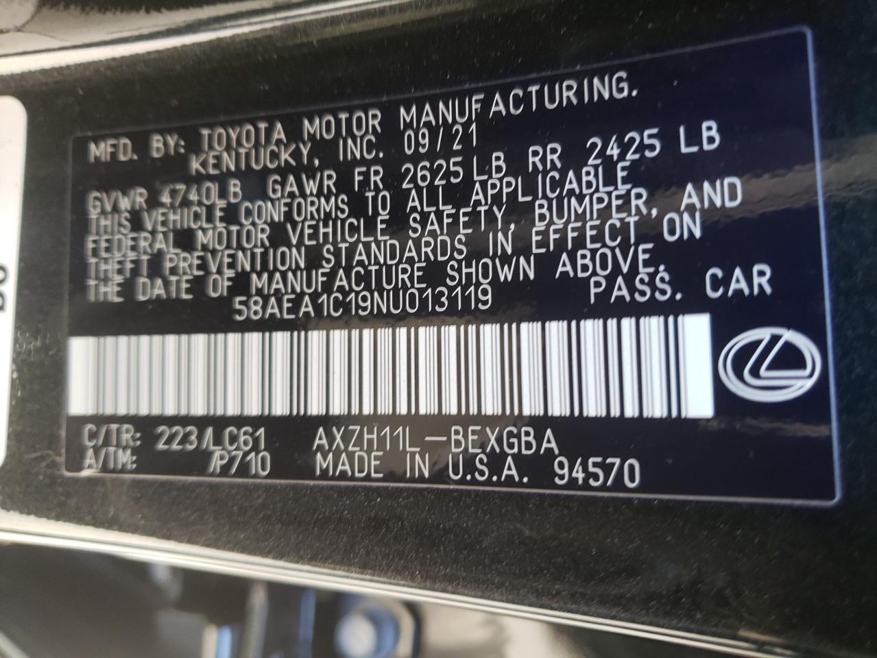 Photo 10 from auction – 2022 LEXUS ES 300H LU with VIN 58AEA1C19NU013119