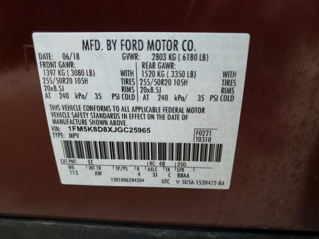 Photo 10 from auction – 2018 FORD EXPLORER X with VIN 1FM5K8D8XJGC25965