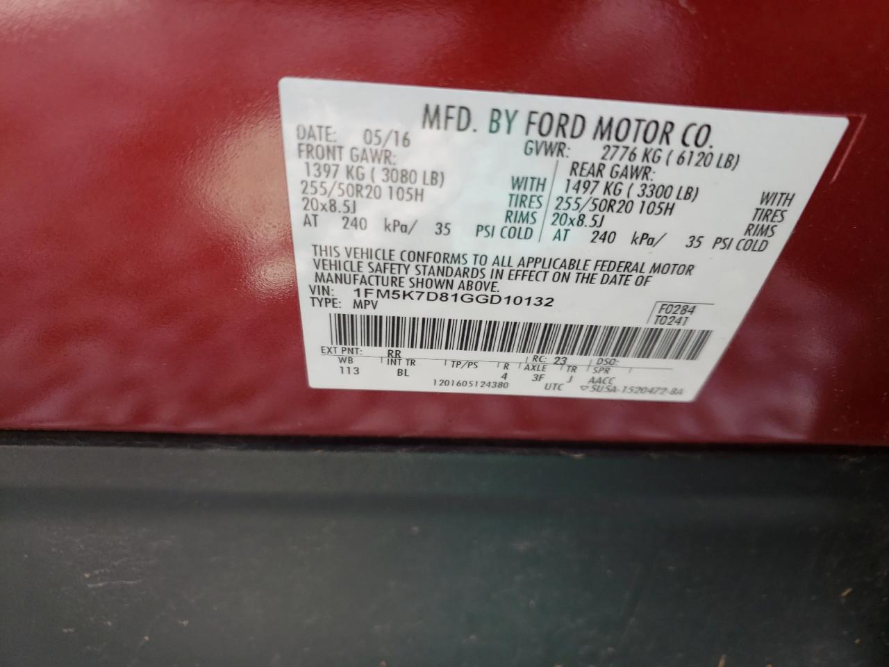 Photo 10 from auction – 2016 FORD EXPLORER X with VIN 1FM5K7D81GGD10132