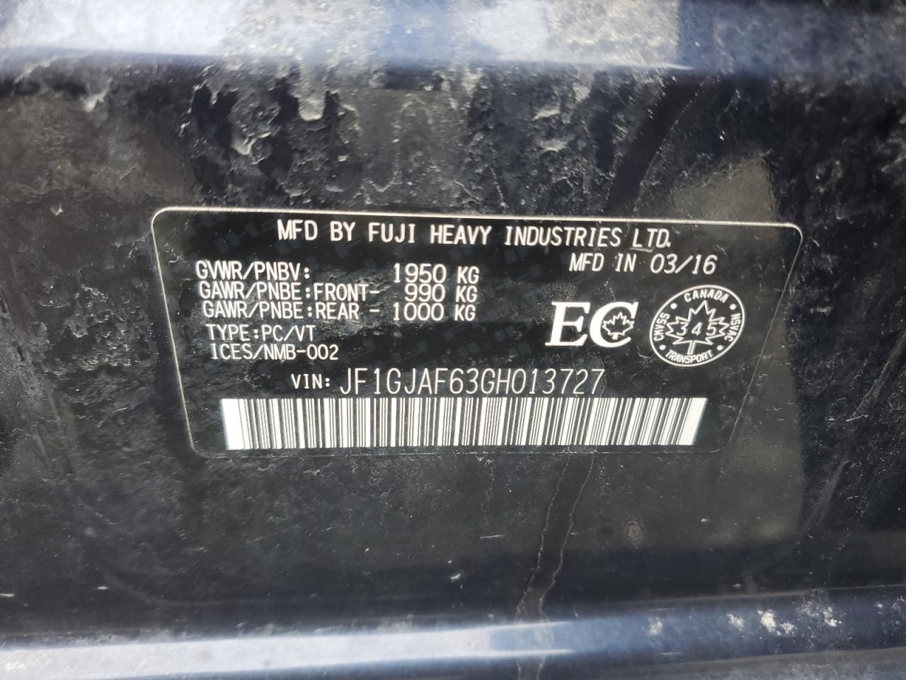 Photo 10 from auction – 2016 SUBARU IMPREZA PR with VIN JF1GJAF63GH013727