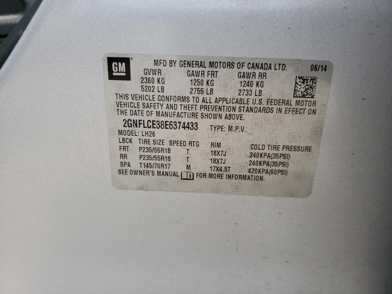 Photo 10 from auction – 2014 CHEVROLET EQUINOX LT with VIN 2GNFLCE38E6374433