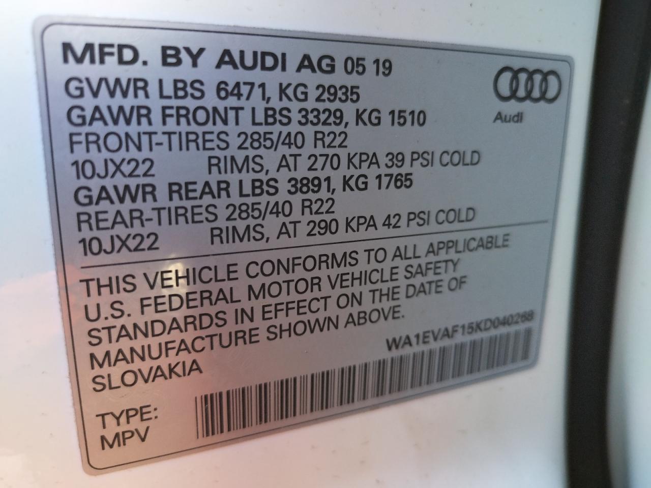 Photo 10 from auction – 2019 AUDI Q8 PREMIUM with VIN WA1EVAF15KD040268