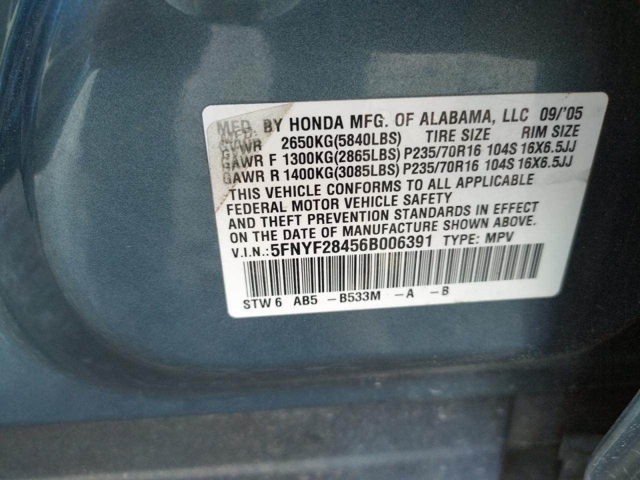 Photo 10 from auction – 2006 HONDA PILOT EX with VIN 5FNYF28456B006391