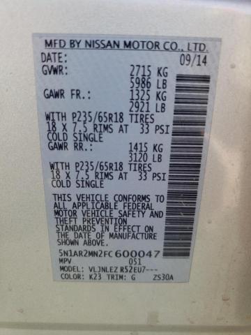 NISSAN PATHFINDER 2015 with VIN 5N1AR2MN2FC600047 - Photo from auction