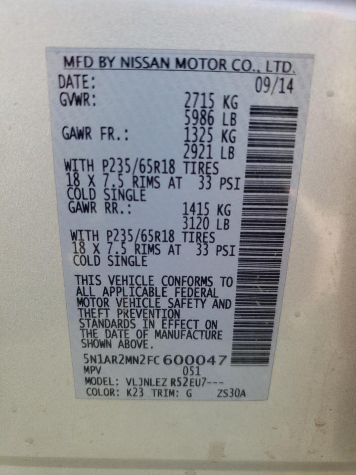 Photo 11 from auction – 2015 NISSAN PATHFINDER with VIN 5N1AR2MN2FC600047