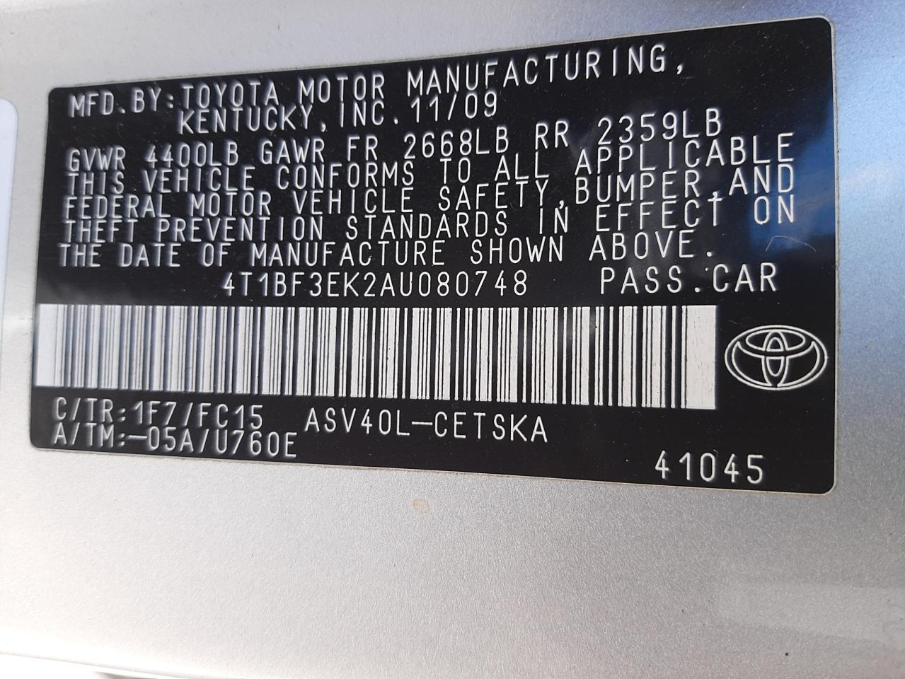 Photo 10 from auction – 2010 TOYOTA CAMRY BASE with VIN 4T1BF3EK2AU080748