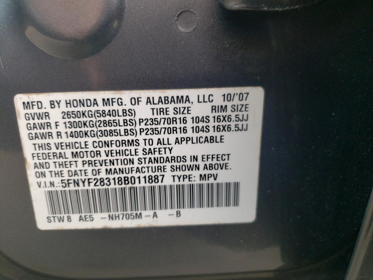 Photo 10 from auction – 2008 HONDA PILOT SE with VIN 5FNYF28318B011887