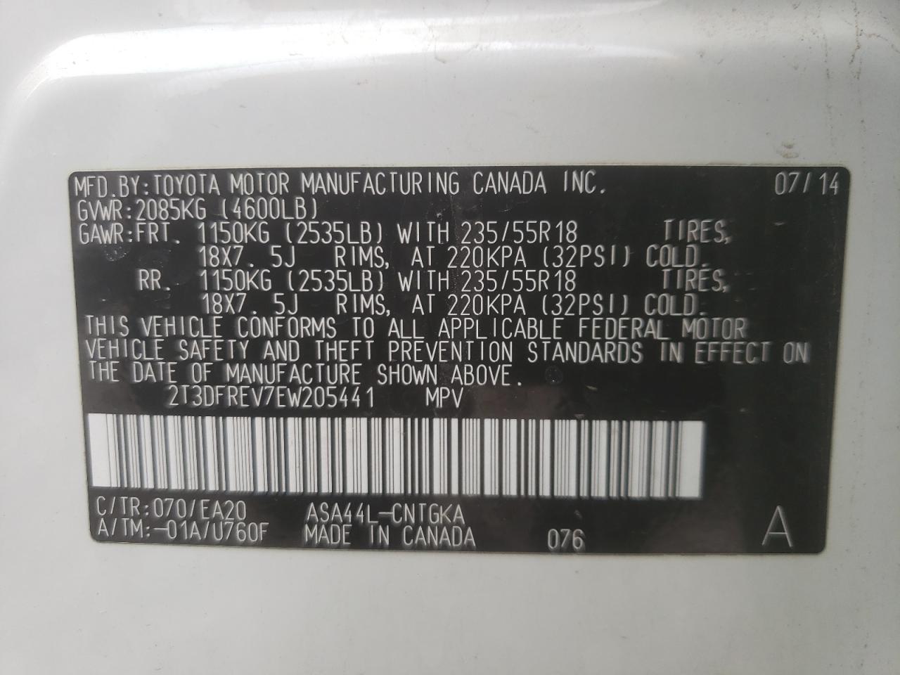 Photo 10 from auction – 2014 TOYOTA RAV4 LIMIT with VIN 2T3DFREV7EW205441