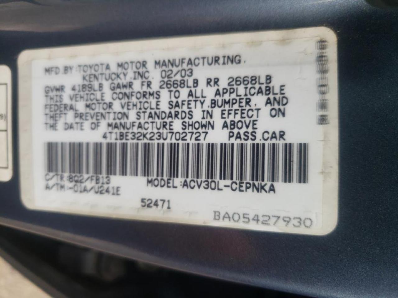 Photo 10 from auction – 2003 TOYOTA CAMRY LE with VIN 4T1BE32K23U702727