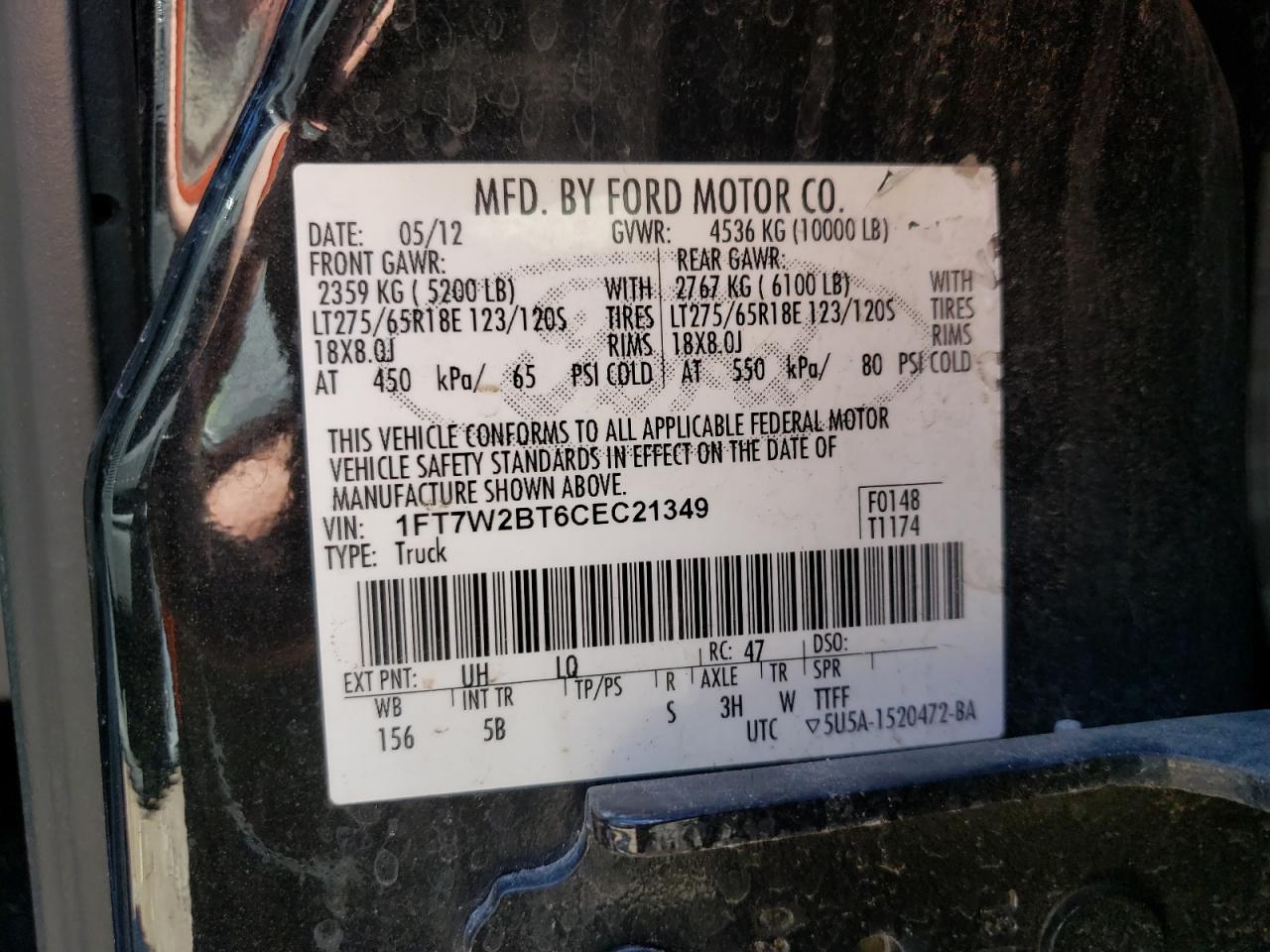 Photo 10 from auction – 2012 FORD F250 SUPER with VIN 1FT7W2BT6CEC21349