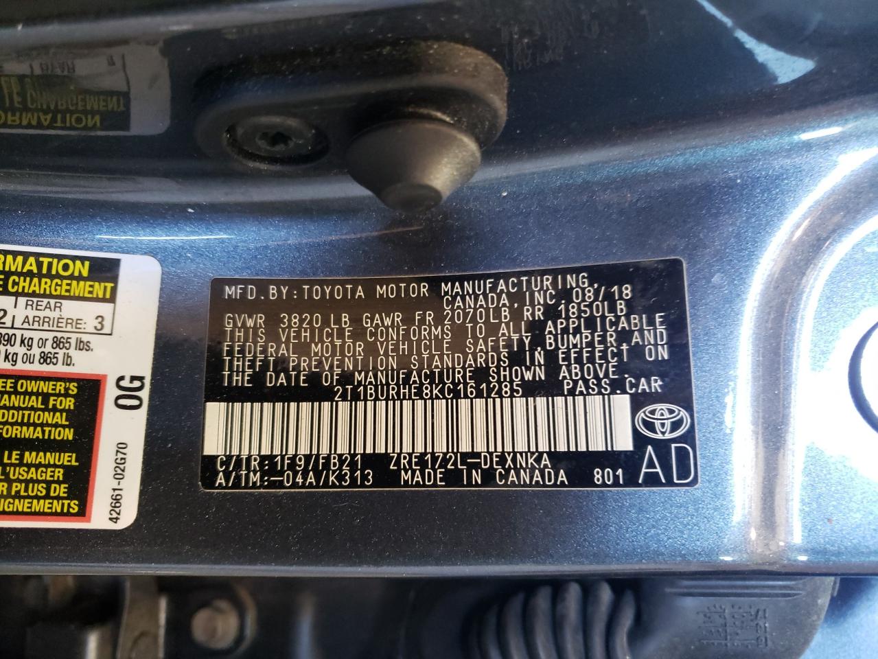 Photo 10 from auction – 2019 TOYOTA COROLLA L with VIN 2T1BURHE8KC161285