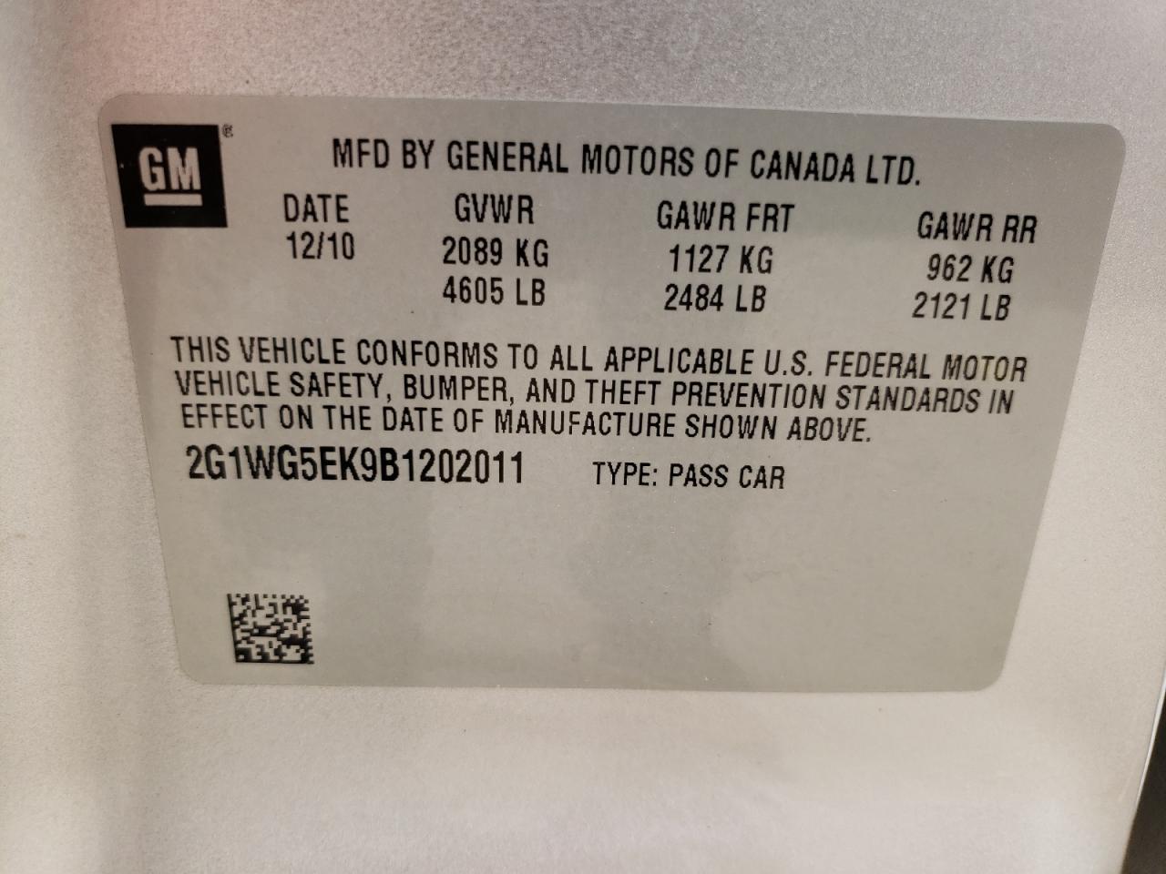 Photo 10 from auction – 2011 CHEVROLET IMPALA LT with VIN 2G1WG5EK9B1202011