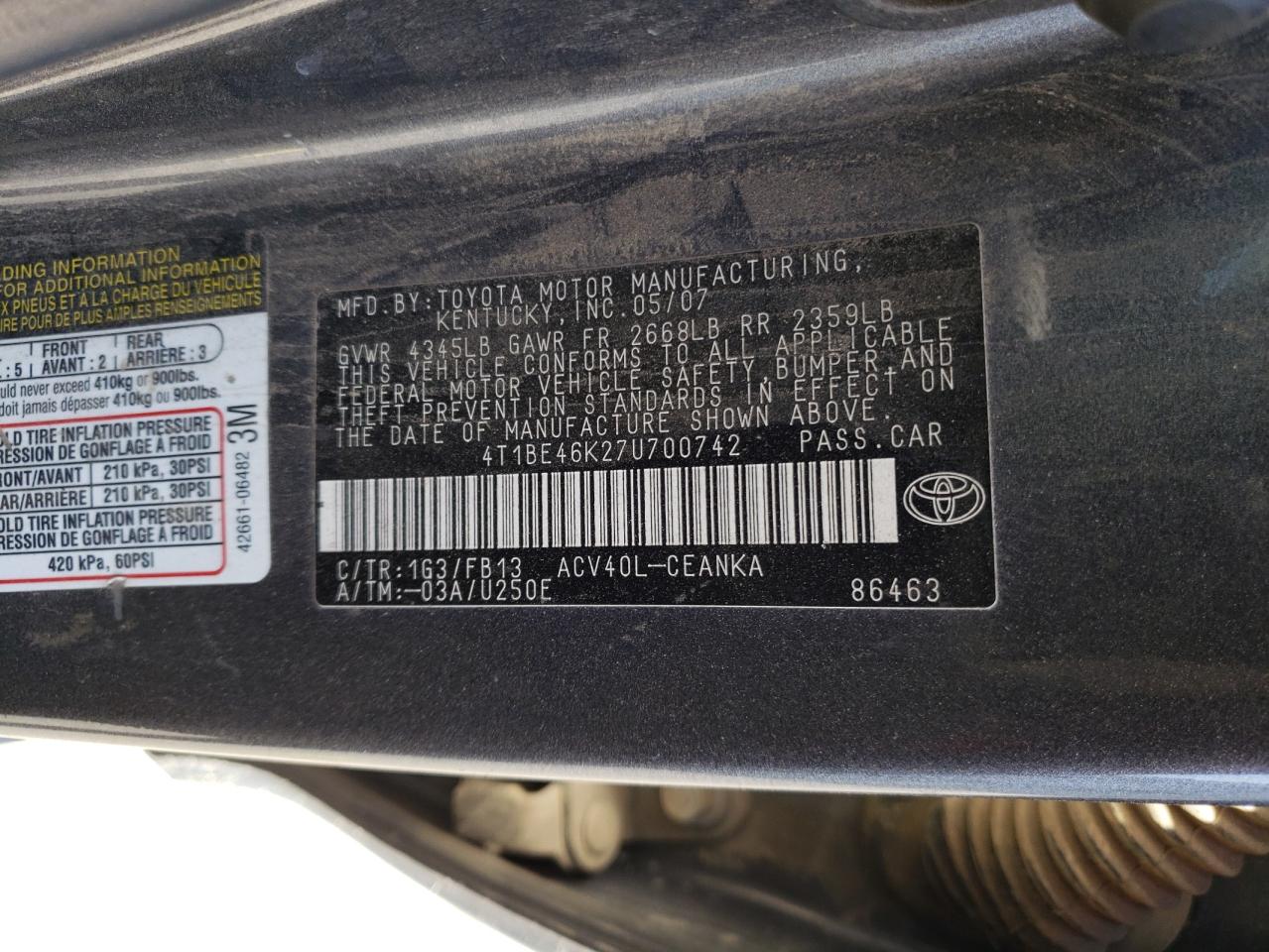 Photo 10 from auction – 2007 TOYOTA CAMRY CE with VIN 4T1BE46K27U700742