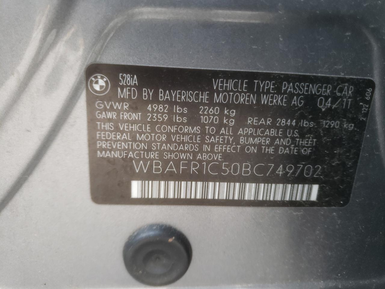Photo 10 from auction – 2011 BMW 528 I with VIN WBAFR1C50BC749702