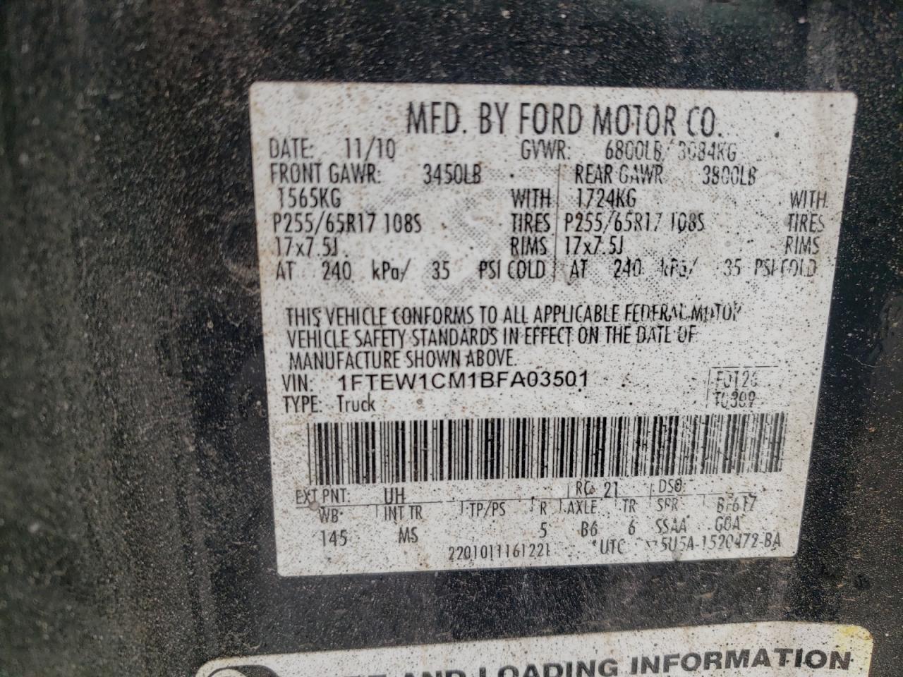 Photo 10 from auction – 2011 FORD F150 SUPER with VIN 1FTEW1CM1BFA03501