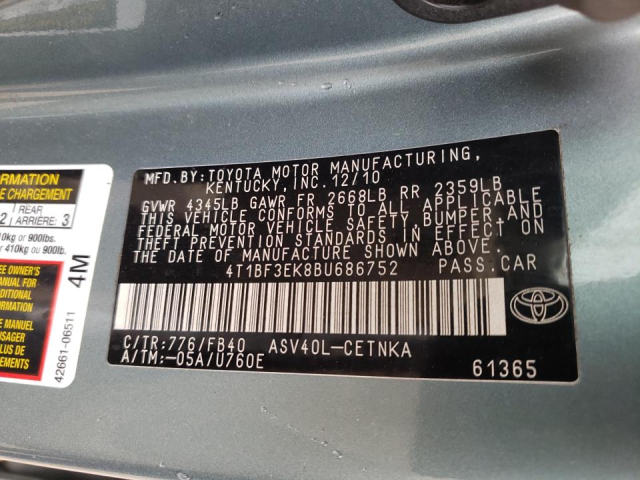 Photo 10 from auction – 2011 TOYOTA CAMRY BASE with VIN 4T1BF3EK8BU686752