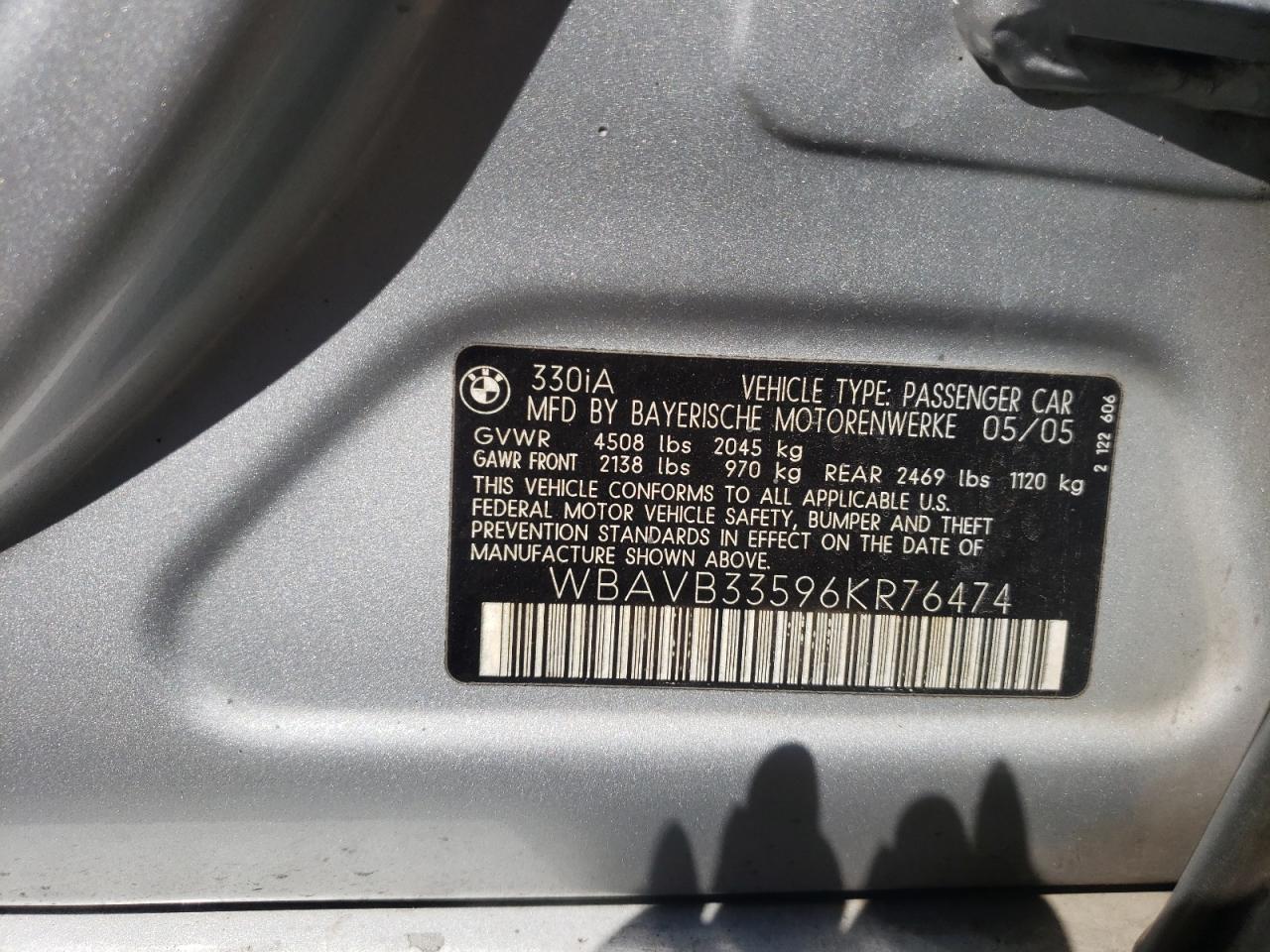 Photo 10 from auction – 2006 BMW 330 I with VIN WBAVB33596KR76474
