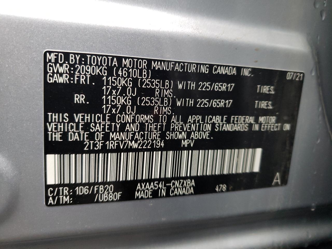 Photo 10 from auction – 2021 TOYOTA RAV4 LE with VIN 2T3F1RFV7MW222194