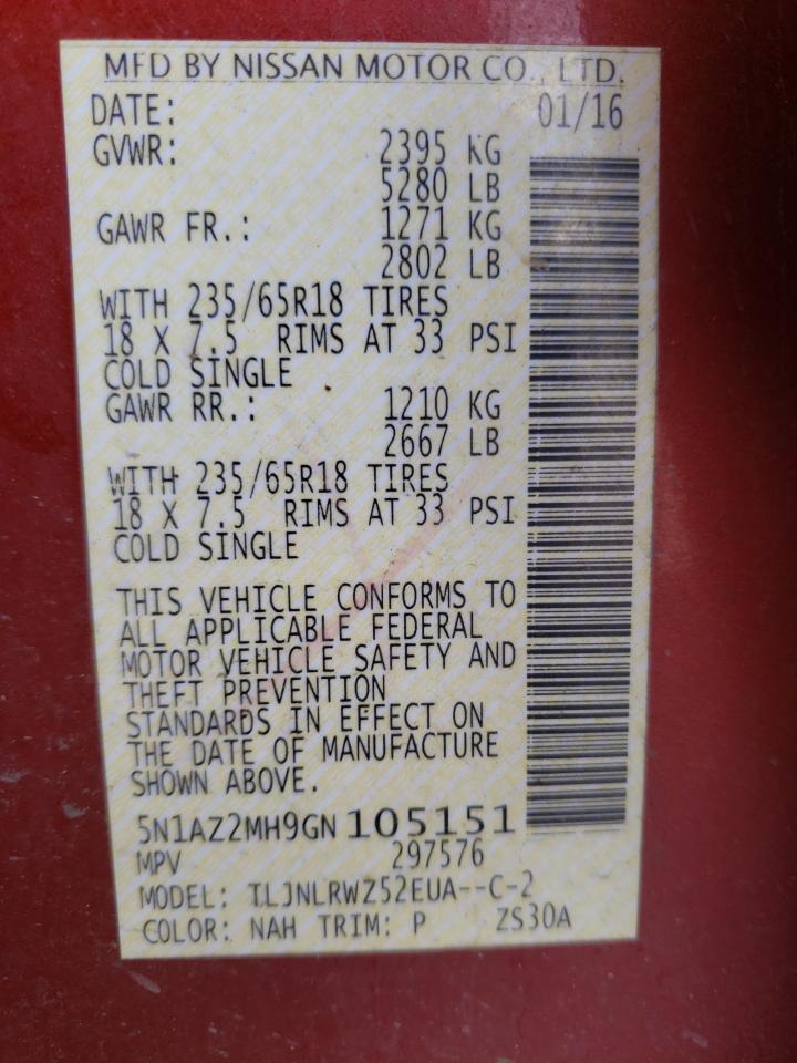 Photo 10 from auction – 2016 NISSAN MURANO S with VIN 5N1AZ2MH9GN105151