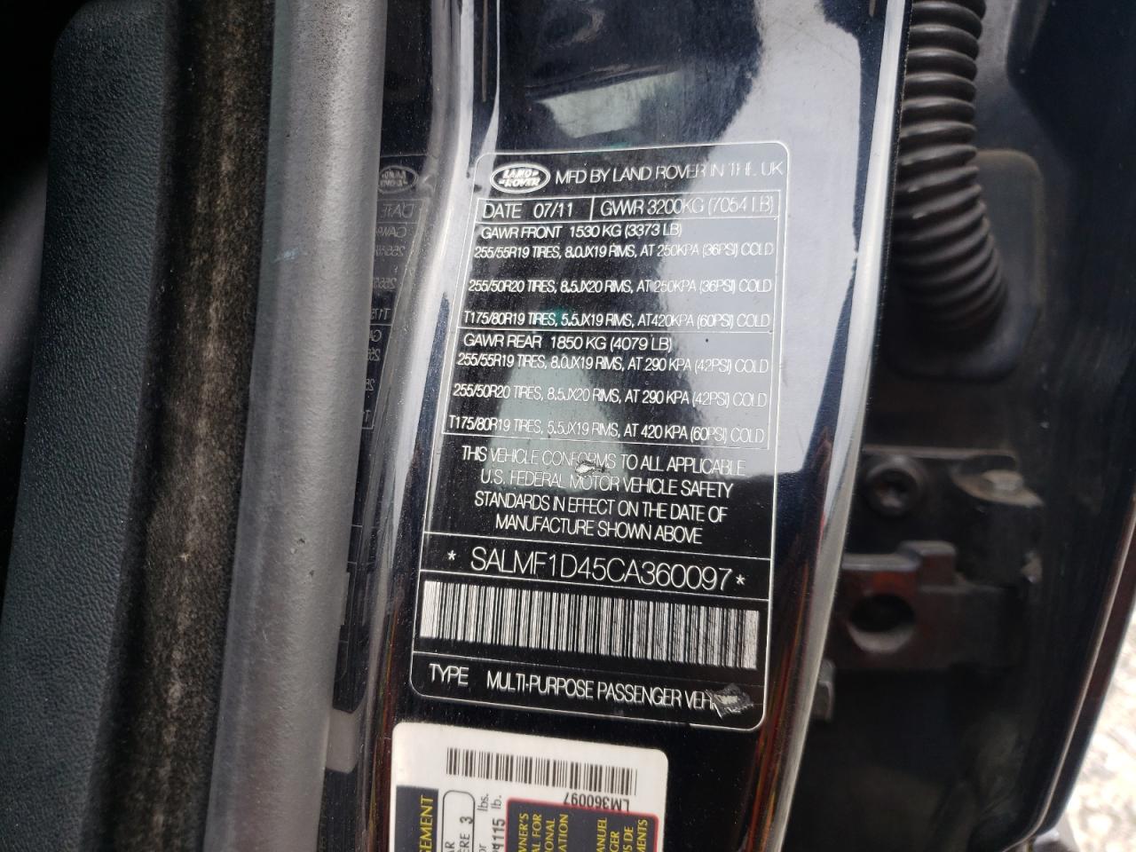 Photo 10 from auction – 2012 LAND ROVER RANGE ROVE with VIN SALMF1D45CA360097
