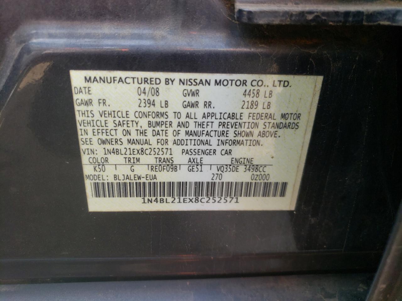 Photo 10 from auction – 2008 NISSAN ALTIMA 3.5 with VIN 1N4BL21EX8C252571