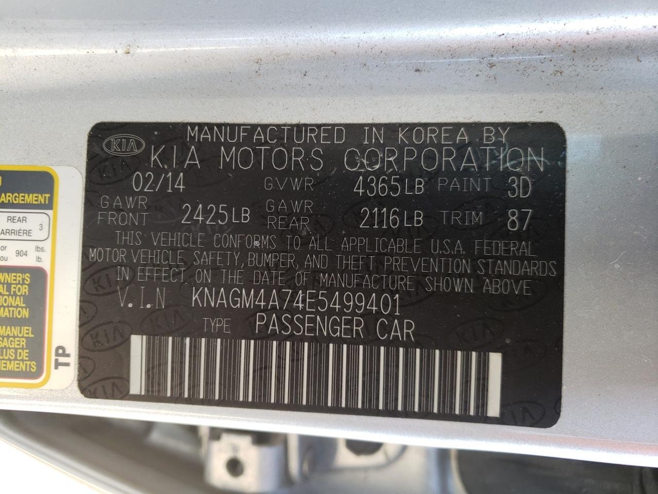 Photo 10 from auction – 2014 KIA OPTIMA LX with VIN KNAGM4A74E5499401
