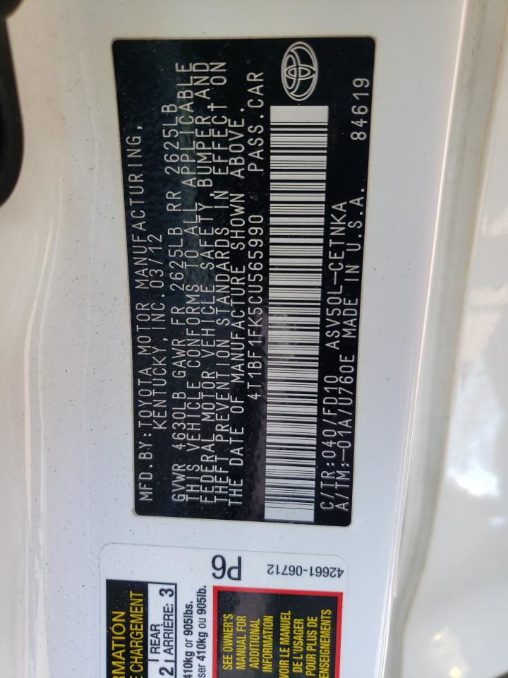 Photo 10 from auction – 2012 TOYOTA CAMRY BASE with VIN 4T1BF1FK5CU565990