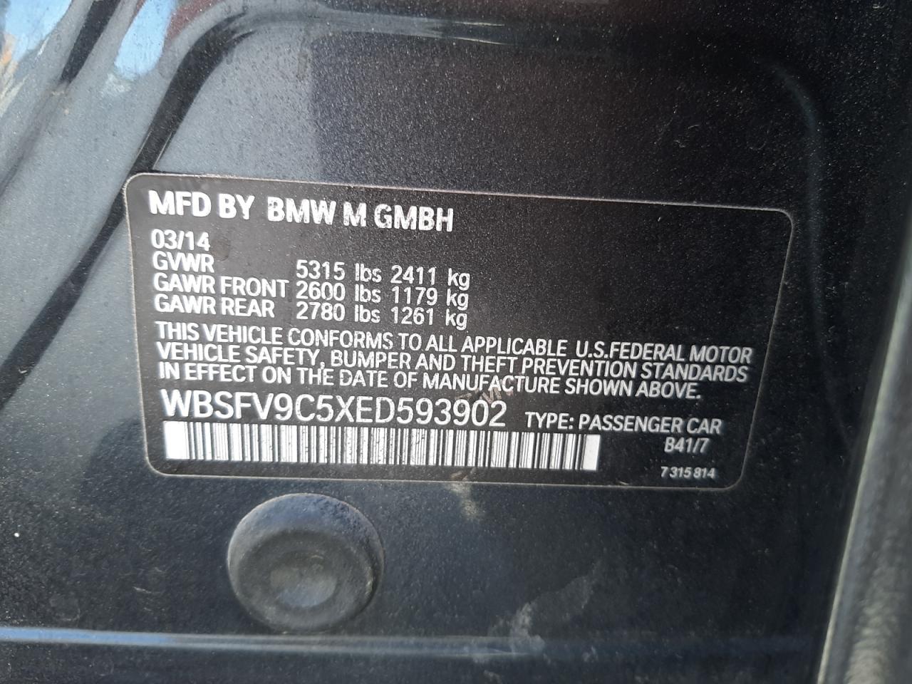 Photo 10 from auction – 2014 BMW M5 with VIN WBSFV9C5XED593902