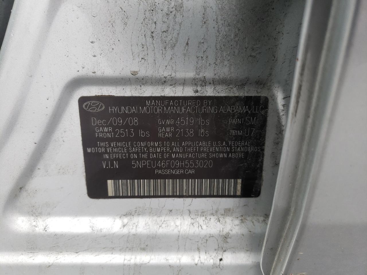 Photo 10 from auction – 2009 HYUNDAI SONATA SE with VIN 5NPEU46F09H553020