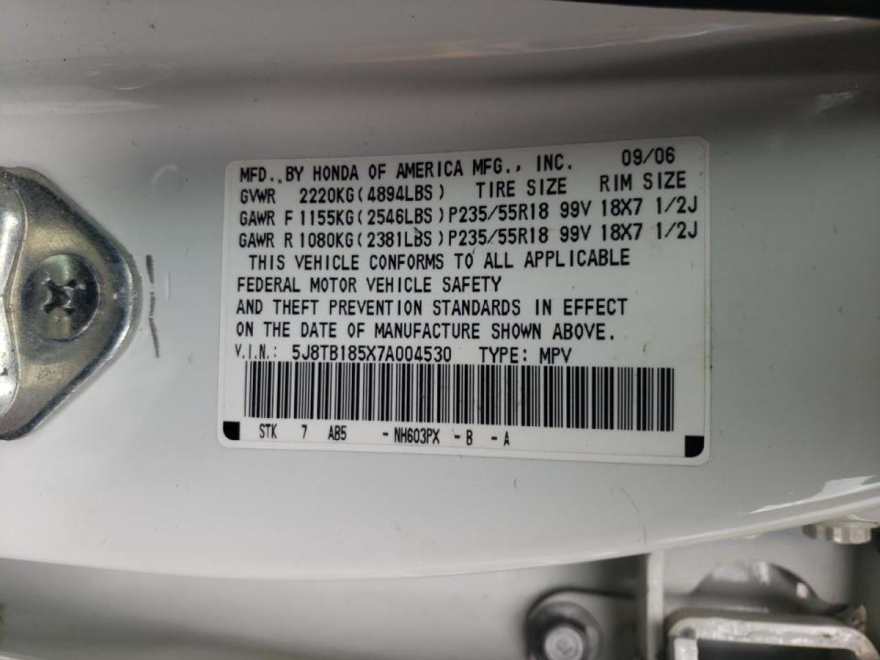 Photo 10 from auction – 2007 ACURA RDX TECHNO with VIN 5J8TB185X7A004530