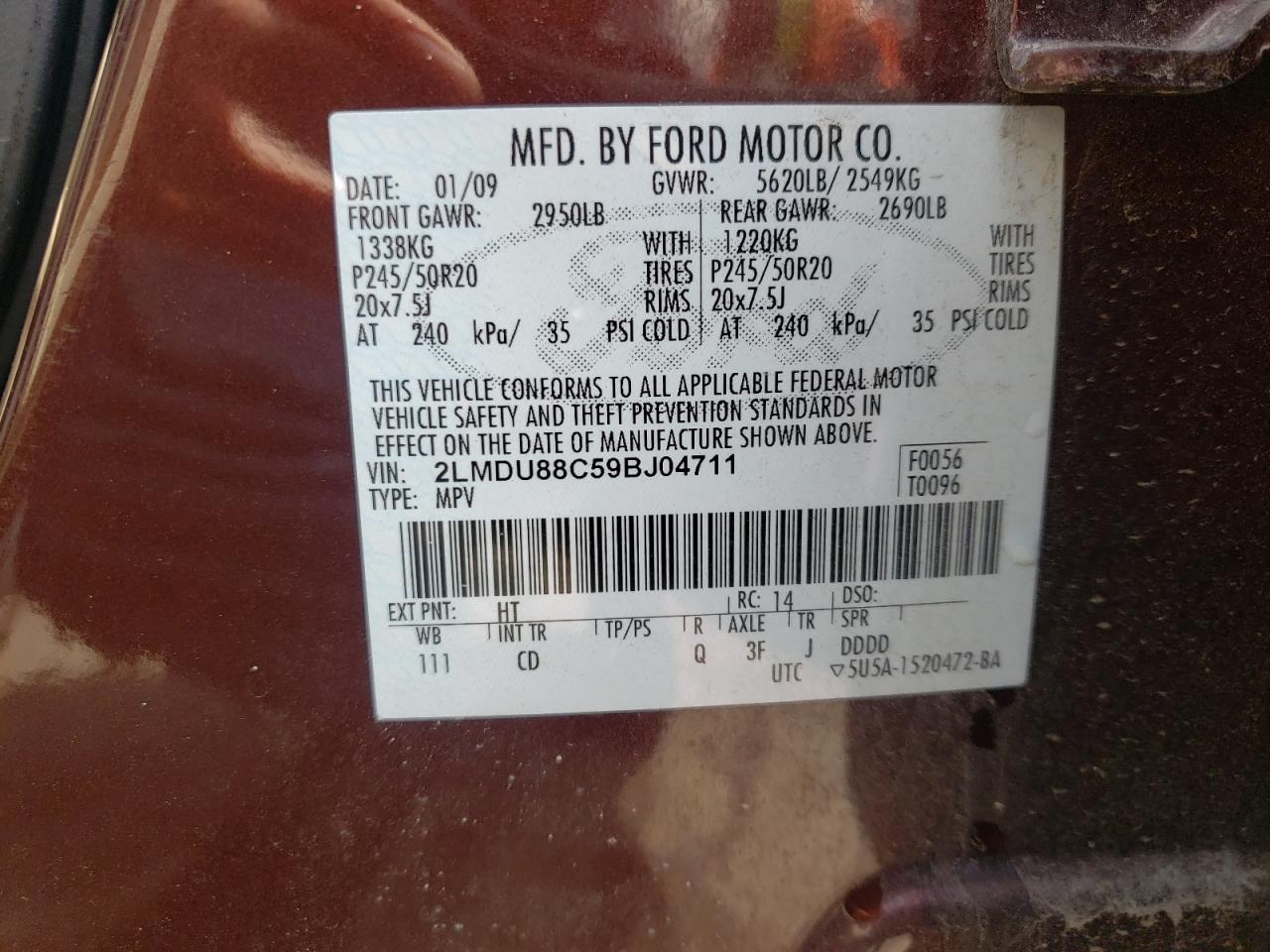 Photo 10 from auction – 2009 LINCOLN MKX with VIN 2LMDU88C59BJ04711