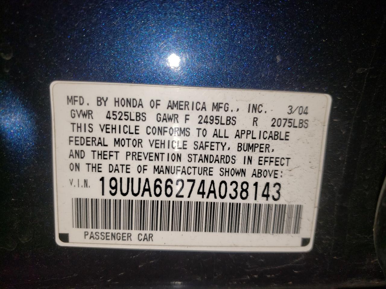 Photo 10 from auction – 2004 ACURA TL with VIN 19UUA66274A038143