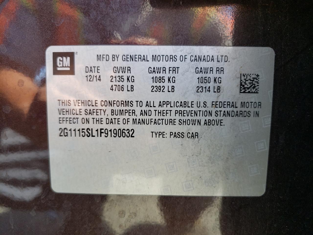 Photo 10 from auction – 2015 CHEVROLET IMPALA LT with VIN 2G1115SL1F9190632
