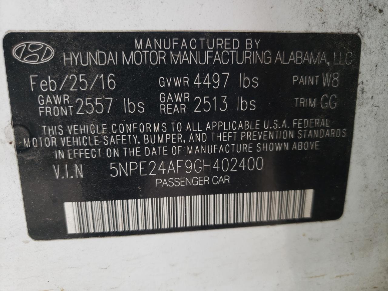 Photo 10 from auction – 2016 HYUNDAI SONATA SE with VIN 5NPE24AF9GH402400