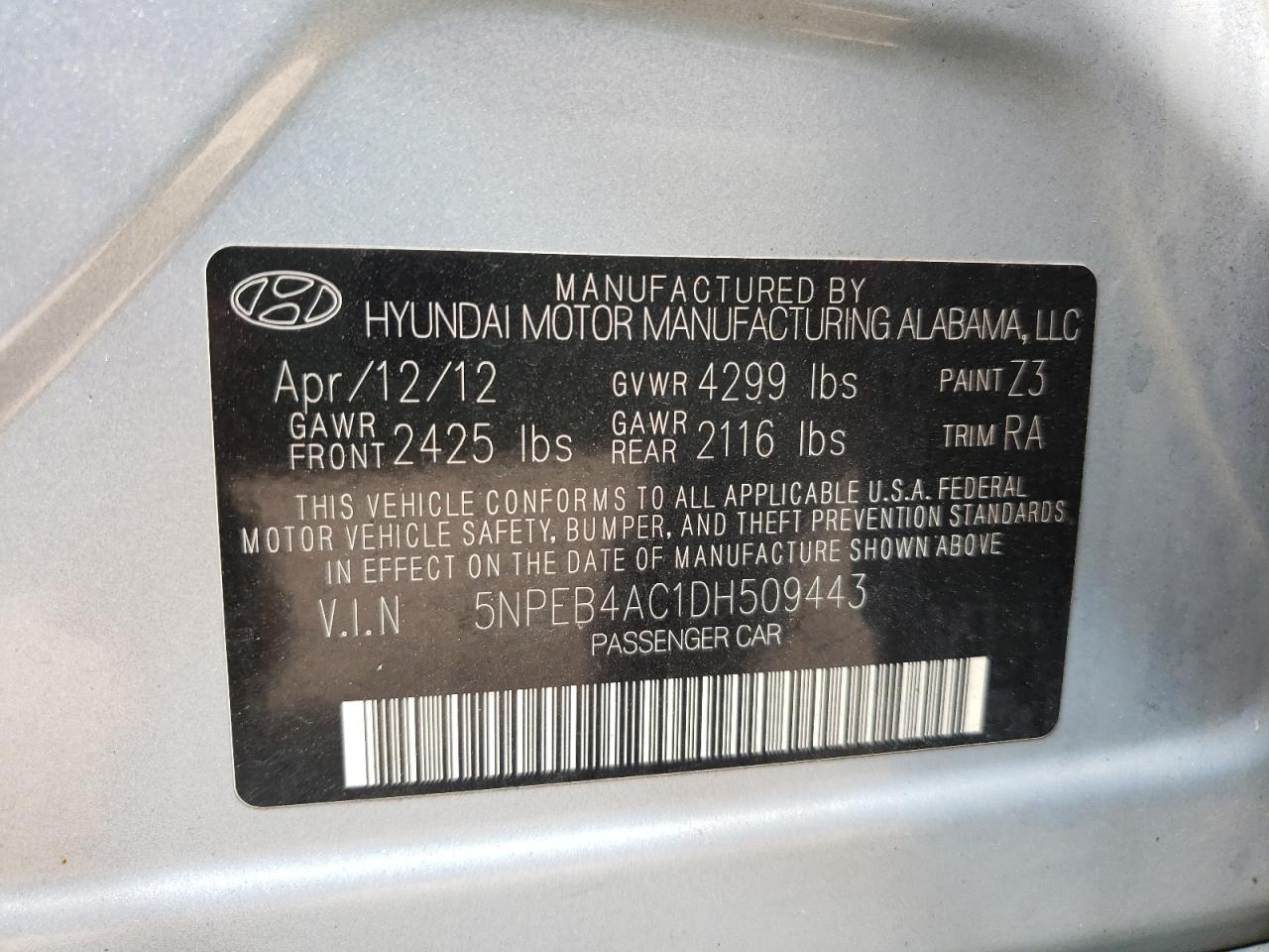 Photo 10 from auction – 2013 HYUNDAI SONATA GLS with VIN 5NPEB4AC1DH509443