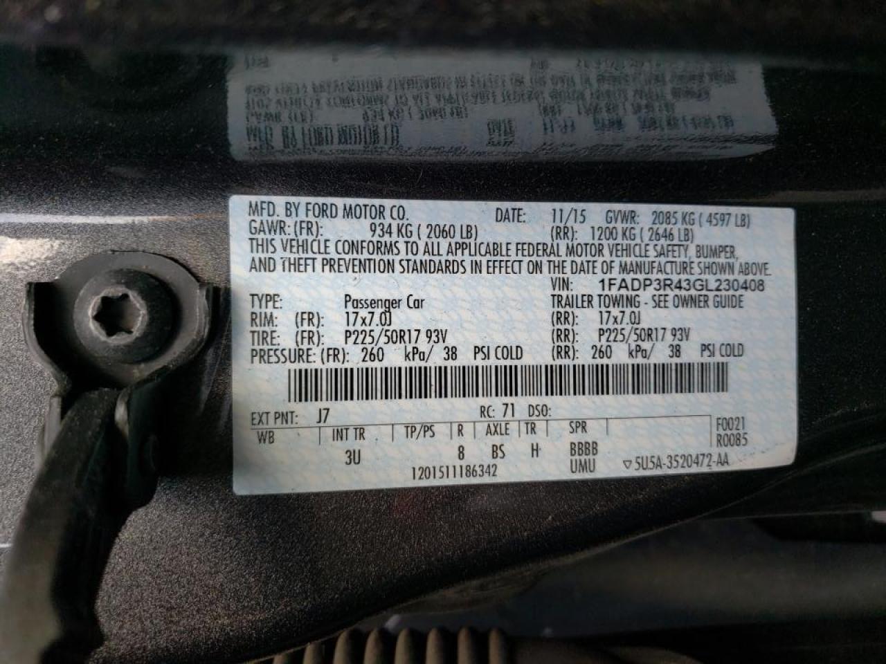 Photo 10 from auction – 2016 FORD FOCUS BEV with VIN 1FADP3R43GL230408