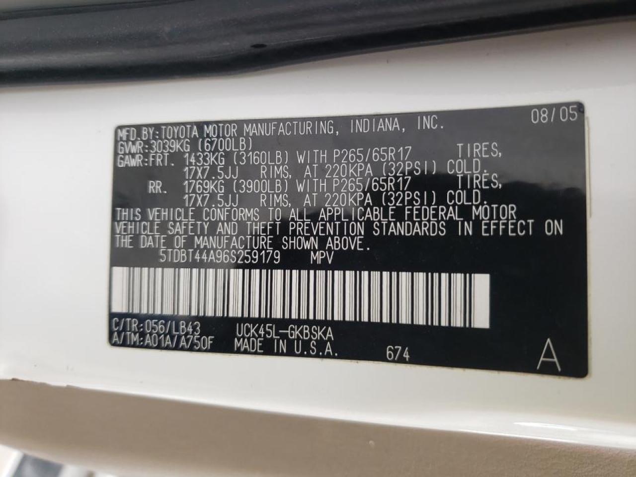 Photo 10 from auction – 2006 TOYOTA SEQOUIA with VIN 5TDBT44A96S259179