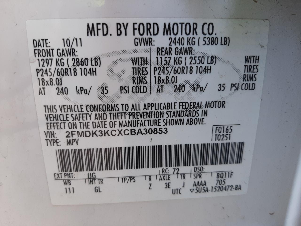 Photo 10 from auction – 2012 FORD EDGE LIMIT with VIN 2FMDK3KCXCBA30853