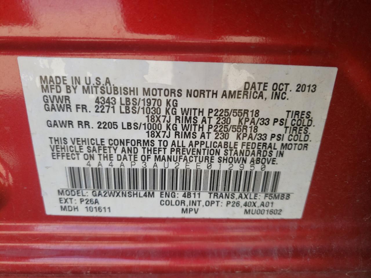 Photo 10 from auction – 2014 MITSUBISHI OUTLANDER with VIN 4A4AP3AU2EE012950