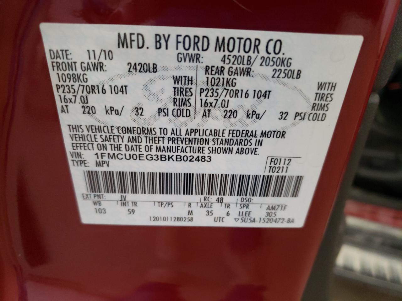 Photo 10 from auction – 2011 FORD ESCAPE LIM with VIN 1FMCU0EG3BKB02483