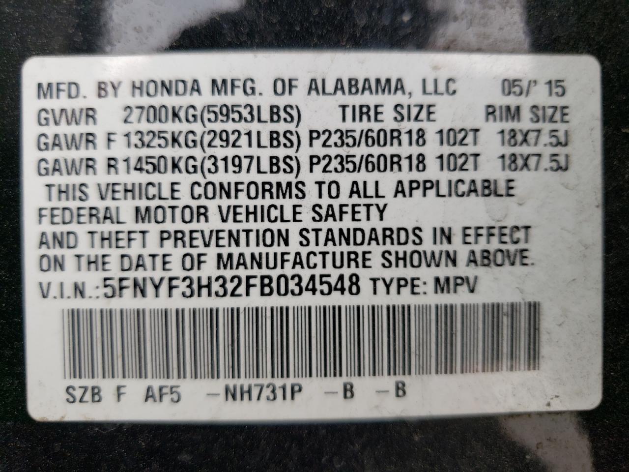 Photo 10 from auction – 2015 HONDA PILOT SE with VIN 5FNYF3H32FB034548
