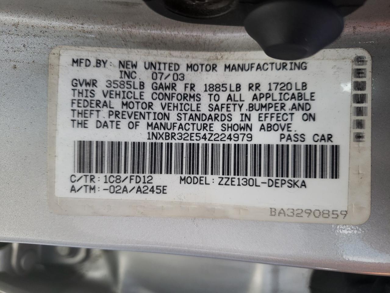 Photo 10 from auction – 2004 TOYOTA UK with VIN 1NXBR32E54Z224979