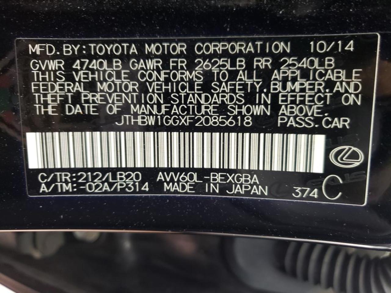 Photo 10 from auction – 2015 LEXUS ES 300H with VIN JTHBW1GGXF2085618